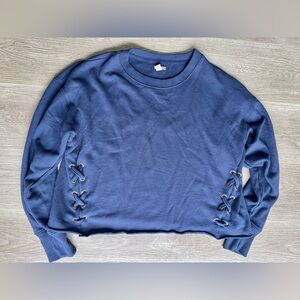 AERIE Cropped Oversized Knit Sweater Womens M Blue Long Sleeve Casual Un-hemmed